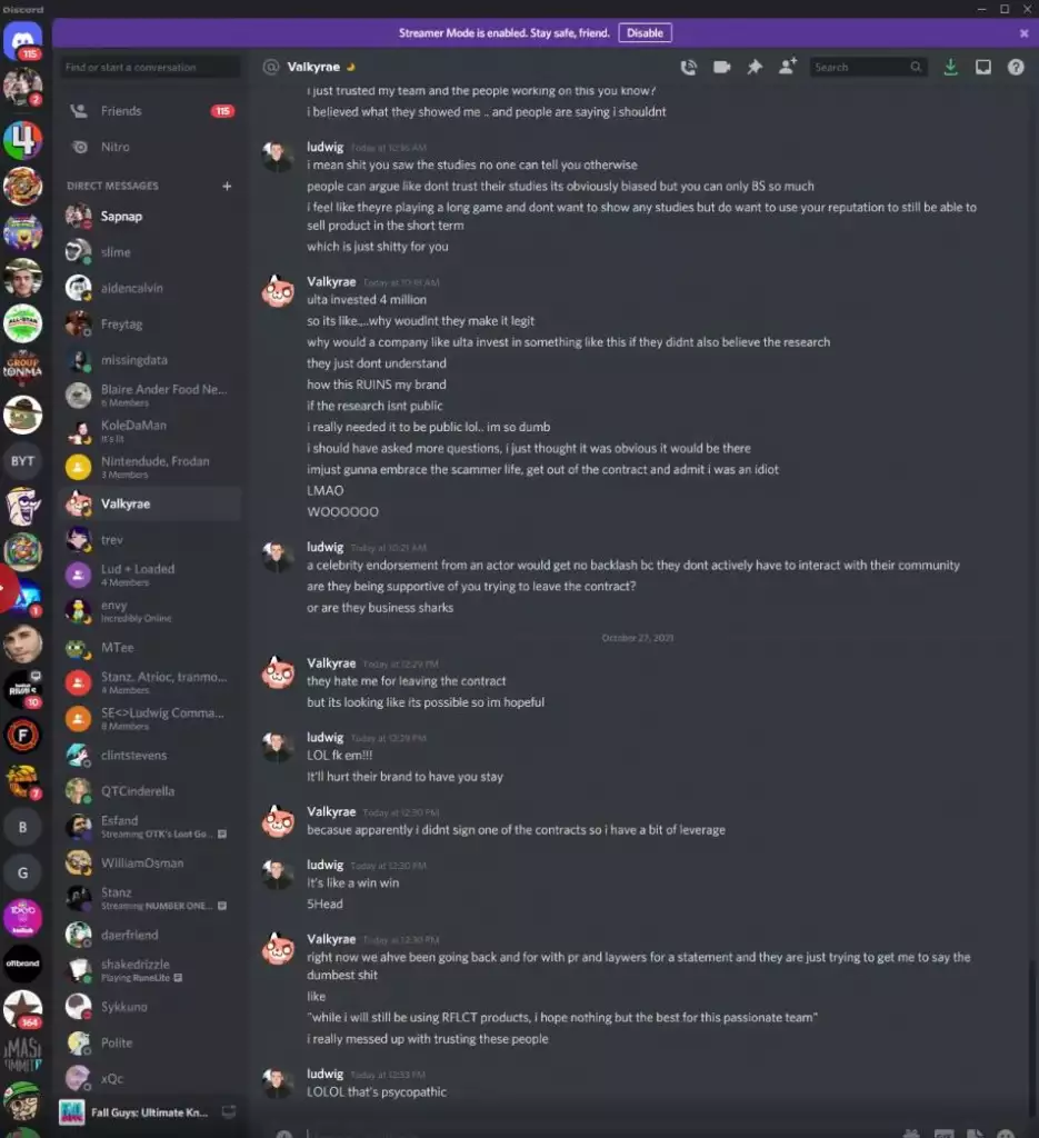 Valkyrae's Discord DMs with Ludwig were leaked in a Livestream. (Picture: Twitch / Atrioc)