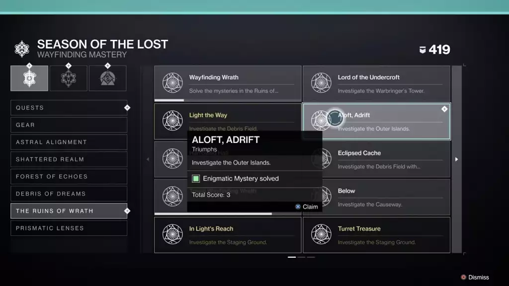 Aloft, Adrift Enigmatic Mystery Triumph Destiny 2 how to complete